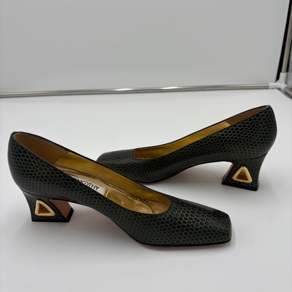 Vintage Timothy Hitsman Snakeskin Green Leather Gold Heel Square Toe Size 7.5 N - Picture 6 of 7